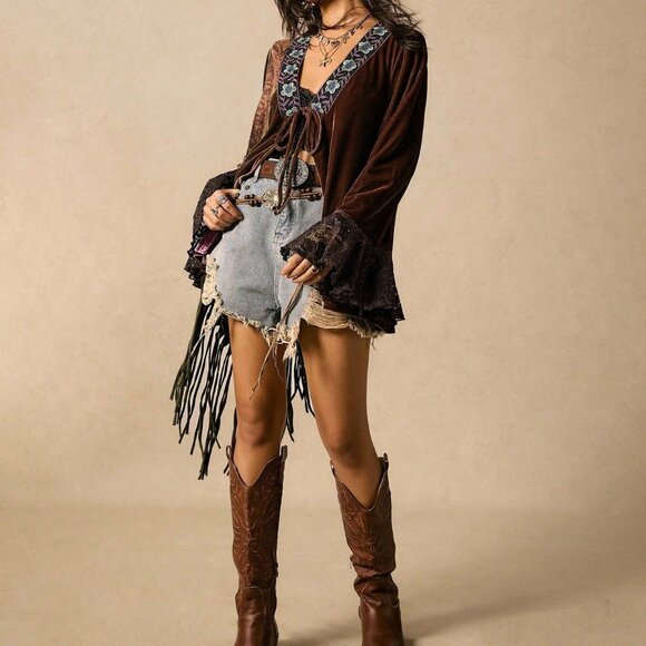 Coffee Brown Women's Nomadic Flare Lace Tie-Up Jacket - Picture 5 of 7